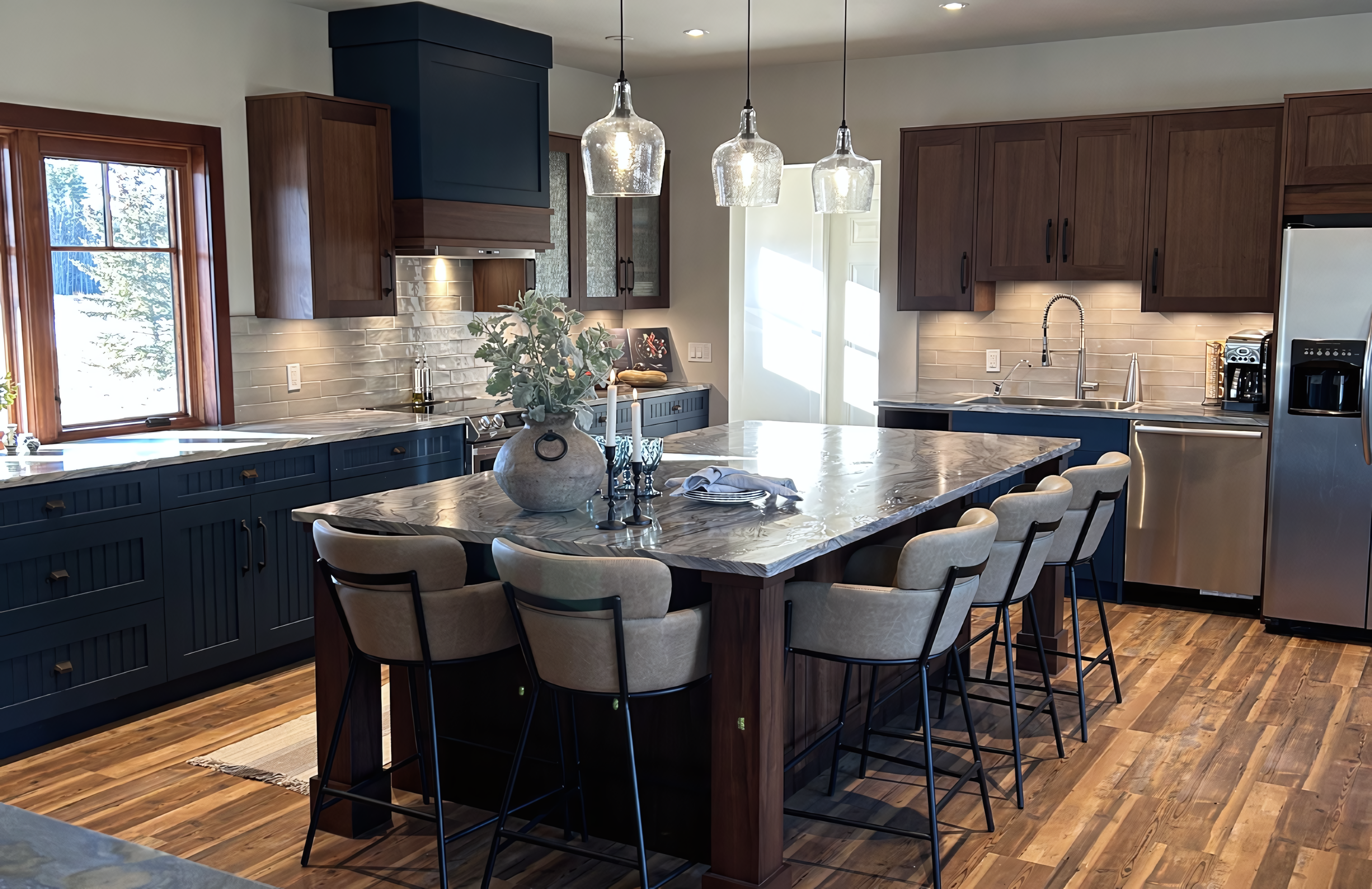 This expansive kitchen view captures the full integration of the tuxedo-style cabinetry into a modern open-concept living space. The design features a massive walnut-clad island with a dramatic quartzite waterfall countertop, providing a central anchor for seating and meal prep. To the right, floor-to-ceiling cabinetry in deep navy blue lacquer offers high-capacity storage, seamlessly flanking a stainless steel refrigerator. The workspace is highlighted by rich walnut upper units, reeded glass inserts, and a custom two-tone hood fan, all unified by a consistent architectural aesthetic that bridges the kitchen and living areas.